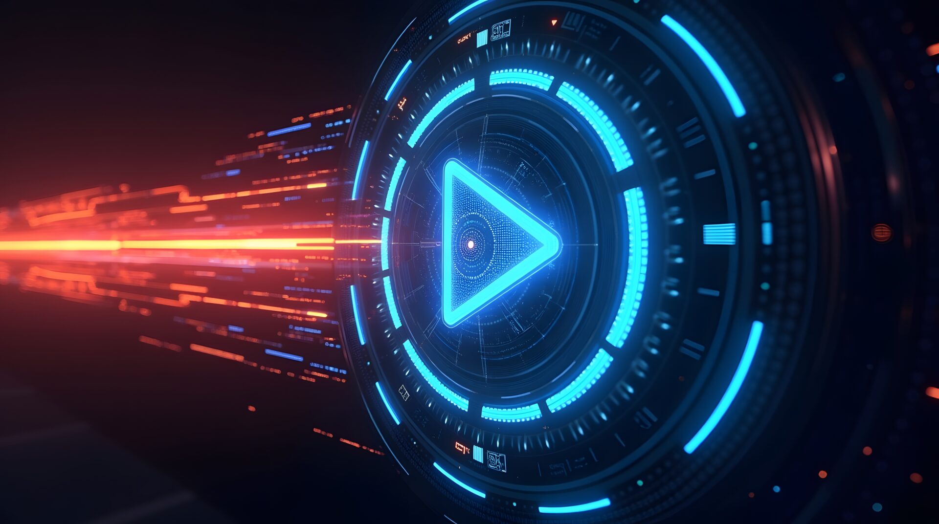 A glowing blue play button in a circular digital interface emits orange and blue light trails, creating a futuristic, high-tech visual effect against a dark background.