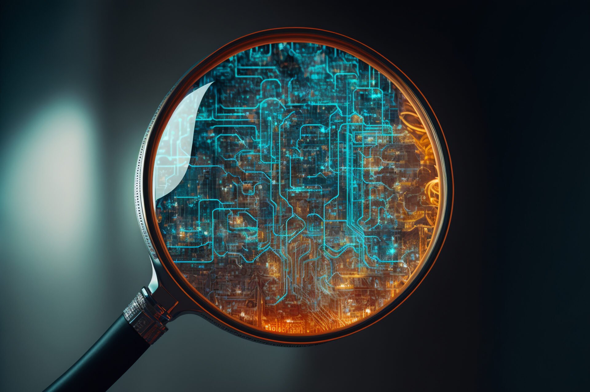 Tech Magnifying Glass A magnifying glass reveals a complex, glowing circuit board pattern with blue and orange lights, symbolizing technology and digital analysis, set against a dark, blurred background.