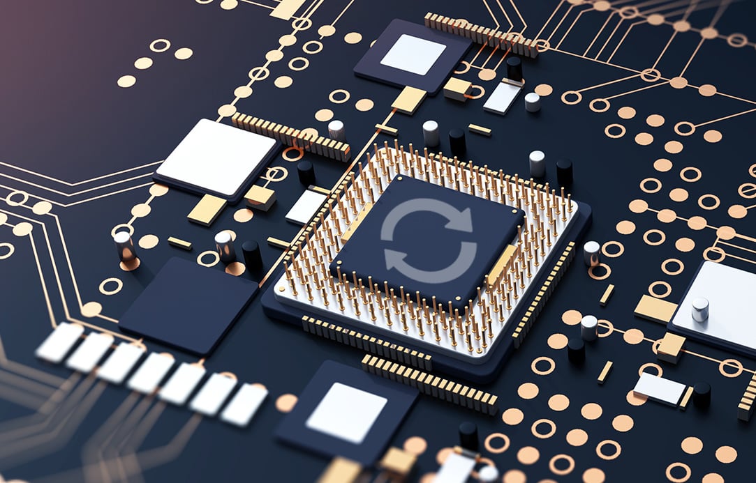 Circuit board showing chip with two circular arrows