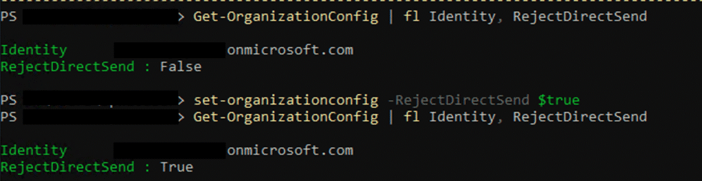 ExchangeOnlineManagement PowerShell Module output when running the Get-OrganizationConfig and Set-OrganizationConfig commands to mitigate the DirectSend vulnerability.
