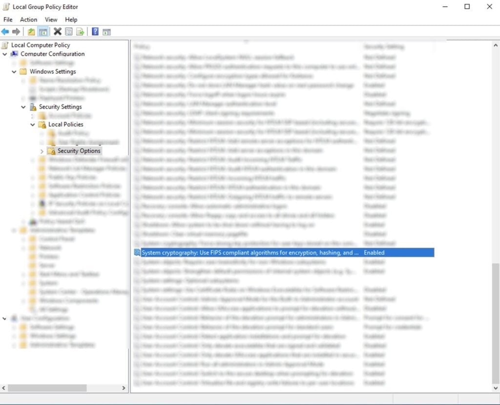A screenshot of the local security policy showing how to enable FIPS mode on Microsoft Windows.
